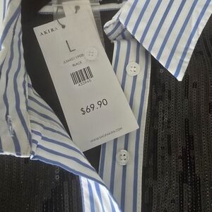 AKIRA Women's Sequined Black, Blue and White Striped Dress Shirt